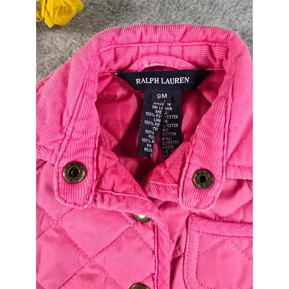 Ralph Lauren Baby Girls Pink Quilted Barn Jacket Coat Corduroy Trim 9m Classic
